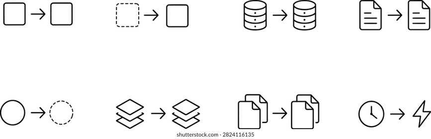 Data transformation process icon set with line symbols for interface workflows and state changes