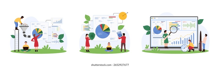 Data transformation process, wrangling analysis and audit set. Tiny people analyze information in charts with magnifying glass, work on conversion data structure in funnel cartoon vector illustration