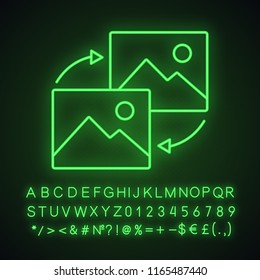 Data transforming neon light icon. Glowing sign with alphabet, numbers and symbols. Pictures reload. Image type changing. Data conversion. Vector isolated illustration