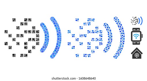 Data transmission composition of filled circles in various sizes and color tones, based on data transmission icon. Vector small circles are combined into blue collage.