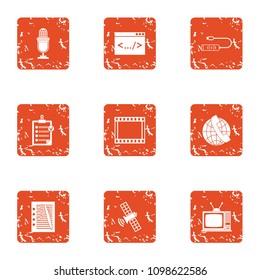 Data transmission and database icons set. Grunge set of 9 data transmission vector icons for web isolated on white background