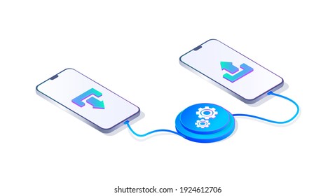 Data transmission, information transmission. Downloading and receiving data, updating the phone. Transfer, download data. Updating devices. File Transfer. Isometric vector illustration 