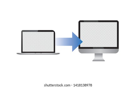 Data transmission from one device to another. From laptop to Personal computer. Blue gradient arrow behind two gadgets changing, transporting information