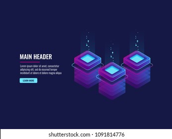 Data transmission and processing technology, server room bigdata code representation. Futuristic network, graphic concept for your design dark neon isometric vector