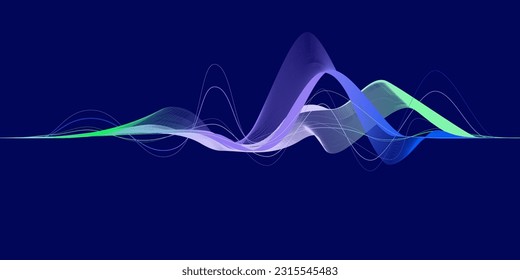 Data transmission, sound wave, technology, space transformation. Abstract green-purple-blue wave on blue background for web design, presentation design, web banners. Vector illustration