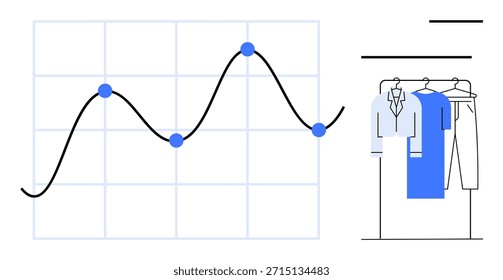 Tendências de dados, análise de moda, desempenho de varejo, comportamento do consumidor, estratégia de negócios, previsão de vendas. Um gráfico ondulado com pontos de dados e elementos de vestuário suspensos. Tendências de dados e moda