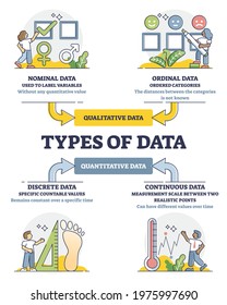 Data types diagram in labeled educational classification outline diagram. Qualitative and quantitative division for crowd analysis vector illustration. Nominal, ordinal, discrete or continuous values.