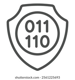 Data under protection line icon, data encryption concept. Vector graphics. Shield, safety emblem with numbers sign on white background, outline style icon for mobile or web design