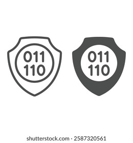 Data under protection line and solid icon, data encryption concept. Vector graphics. Shield, safety emblem with numbers sign on white background, outline style icon for mobile or web design
