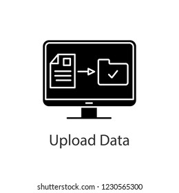 Data uploading glyph icon. File transfer. Web storage. Digital data storage. Silhouette symbol. Negative space. Vector isolated illustration