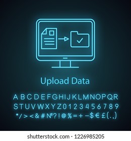 Data uploading neon light icon. File transfer. Web storage. Digital data storage. Glowing sign with alphabet, numbers and symbols. Vector isolated illustration