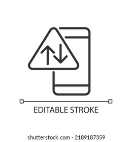 Data usage warning pixel perfect linear icon. Mobile internet service issue. Download and upload data. Thin line illustration. Contour symbol. Vector outline drawing. Editable stroke. Arial font used