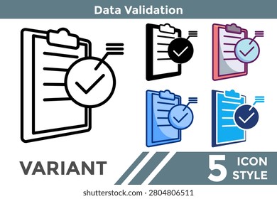 Data Validation verifies data accuracy and consistency before processing for reliable digital systems and workflows. Line, Filled, Color, Dualtone style.