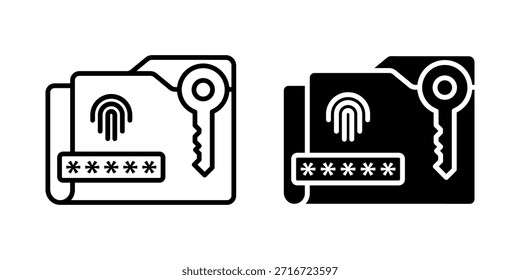 Conjunto de ícones do Data Vault. Uma ilustração minimalista de uma pasta protegida com uma chave e senha. Este ícone é adequado para conceitos de segurança, criptografia e proteção de dados.