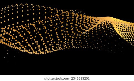 Data vibrate pulse dot particle wave. Abstract bulge hyperbola sinusoid. Infinity transition gradation 3d waveform background. Black gold gig.