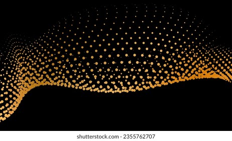 Data vibrate pulse dot particle wave. Abstract bulge hyperbola sinusoid. Infinity transition gradation 3d waveform background. Black gold gig.