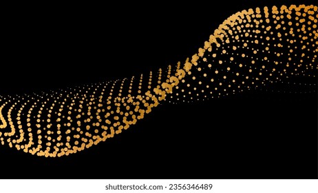 Data vibrate pulse dot particle wave. Abstract bulge hyperbola sinusoid. Infinity transition gradation 3d waveform background. Black gold gig.