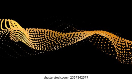 Data vibrate pulse dot particle wave. Abstract bulge hyperbola sinusoid. Infinity transition gradation 3d waveform background. Black gold gig.