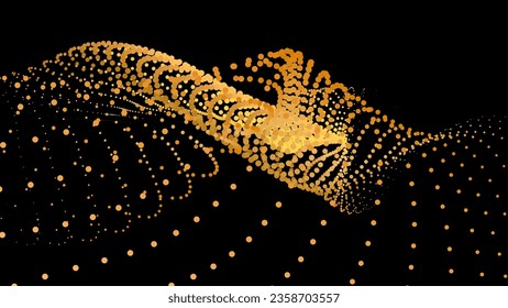 Data vibrate pulse dot particle wave. Abstract bulge hyperbola sinusoid. Infinity transition gradation 3d waveform background. Black gold gig.