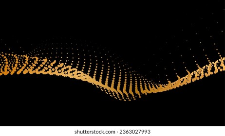 Data vibrate pulse dot particle wave. Abstract bulge hyperbola sinusoid. Infinity transition gradation 3d waveform background. Black gold gig.