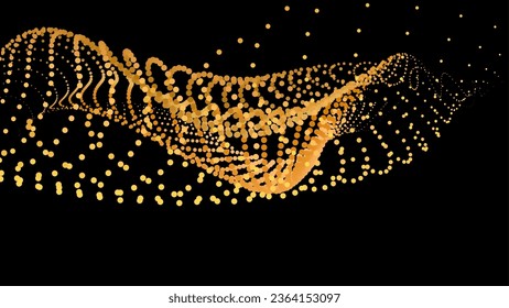 Data vibrate pulse dot particle wave. Abstract bulge hyperbola sinusoid. Infinity transition gradation 3d waveform background. Black gold gig.