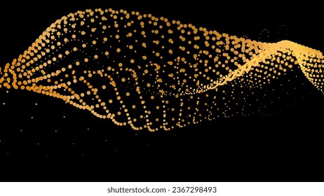 Data vibrate pulse dot particle wave. Abstract bulge hyperbola sinusoid. Infinity transition gradation 3d waveform background. Black gold gig.
