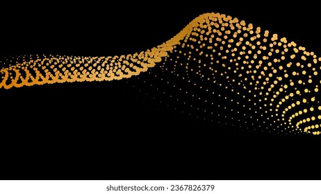Data vibrate pulse dot particle wave. Abstract bulge hyperbola sinusoid. Infinity transition gradation 3d waveform background. Black gold gig.