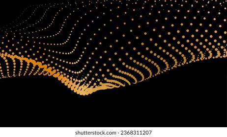 Data vibrate pulse dot particle wave. Abstract bulge hyperbola sinusoid. Infinity transition gradation 3d waveform background. Black gold gig.