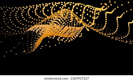 Data vibrate pulse dot particle wave. Abstract bulge hyperbola sinusoid. Infinity transition gradation 3d waveform background. Black gold gig.