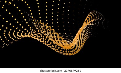 Data vibrate pulse dot particle wave. Abstract bulge hyperbola sinusoid. Infinity transition gradation 3d waveform background. Black gold gig.