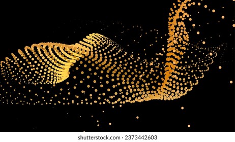 Data vibrate pulse dot particle wave. Abstract bulge hyperbola sinusoid. Infinity transition gradation 3d waveform background. Black gold gig.
