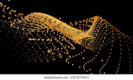 Los datos vibran la onda de partícula del punto de pulso. Abstracto hiperbola sinusoide. Fondo de forma de onda 3d de la gradación de transición infinita. Oro negro.