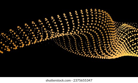 Data vibrate pulse dot particle wave. Abstract bulge hyperbola sinusoid. Infinity transition gradation 3d waveform background. Black gold gig.