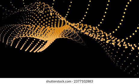 Data vibrate pulse dot particle wave. Abstract bulge hyperbola sinusoid. Infinity transition gradation 3d waveform background. Black gold gig.