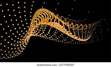 Data vibrate pulse dot particle wave. Abstract bulge hyperbola sinusoid. Infinity transition gradation 3d waveform background. Black gold gig.
