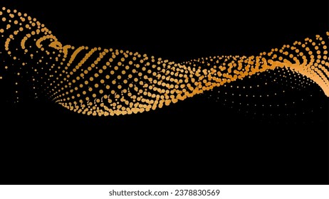 Data vibrate pulse dot particle wave. Abstract bulge hyperbola sinusoid. Infinity transition gradation 3d waveform background. Black gold gig.