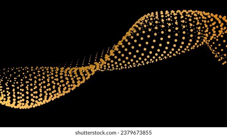 Data vibrate pulse dot particle wave. Abstract bulge hyperbola sinusoid. Infinity transition gradation 3d waveform background. Black gold gig.