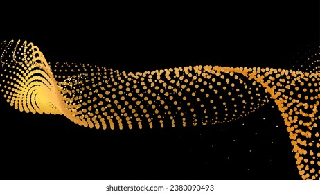 Los datos vibran la onda de partícula del punto de pulso. Abstracto hiperbola sinusoide. Fondo de forma de onda 3d de la gradación de transición infinita. Oro negro.