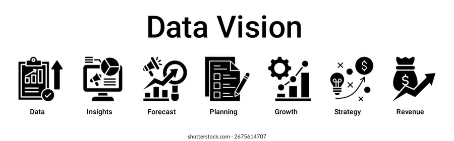 Concepto de Ilustración vectorial de íconos de Web de Anuncio de visión de datos para negocios con íconos de datos, perspectivas, pronóstico, planificación, crecimiento, estrategia.