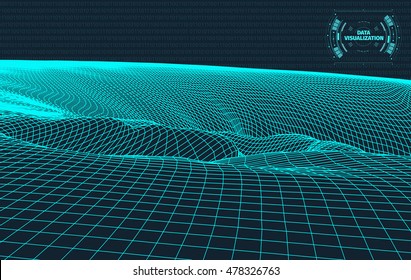Data visualisation background . Futuristic design hud element . Binary code , coding and programming concept . Wide angle wireframe landscape .