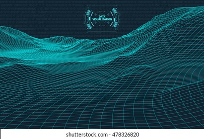 Data visualisation background . Futuristic design hud element . Binary code , coding and programming concept . Wide angle wireframe landscape .