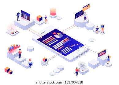 Data visualization 3d isometric concept.  People interacting with charts and analyzing statistics vector illustration