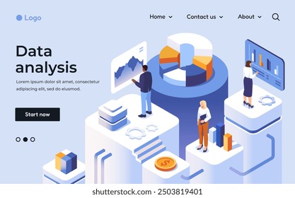 Datenvisualisierung und -analyse. Landing Page mit männlichen und weiblichen Büroangestellten, die Statistiken, Grafiken und Diagramme analysieren. Menschen interagieren mit Finanzinformationen. Isometrische 3D-Vektorgrafik