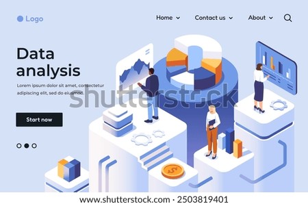 Data visualization and analysis. Landing page with male and female office employees analyzing statistic, graphs and charts. People interact with financial information. Isometric 3D vector illustration