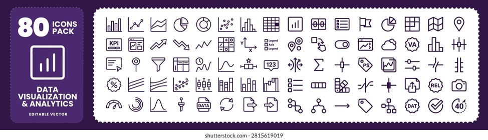 Data visualization and analytics vector icon set, clean uncluttered signature style UI elements for business dashboard and statistics