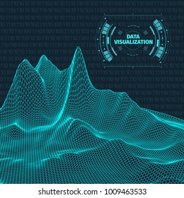 Data visualization background . Futuristic design hud element . Binary code , coding and programming concept . Wide angle wireframe landscape .