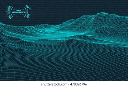 Data visualization background . Futuristic design hud element . Binary code , coding and programming concept . Wide angle wireframe landscape .