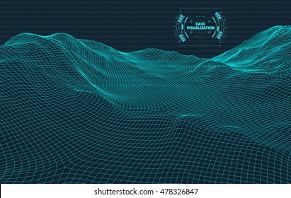 Data visualization background . Futuristic design hud element . Binary code , coding and programming concept . Wide angle wireframe landscape .