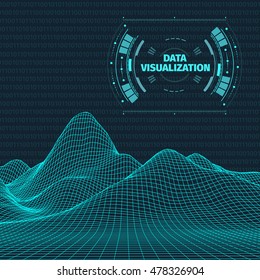 Data visualization background . Futuristic design hud element . Binary code , coding and programming concept . Wide angle wireframe landscape .
