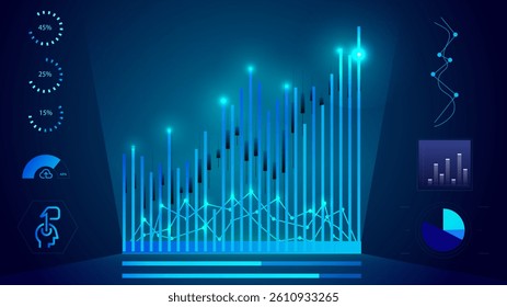 Data visualization with bar and line graphs, circular progress indicators and abstract graphical elements, tracking and analysis of dynamic metrics. Trends, financial reports. Vector illustration